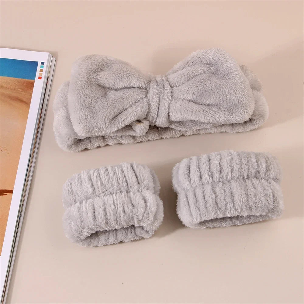 3Pcs Spa Headband & Wristband Set | Microfiber Face Wash Makeup Band