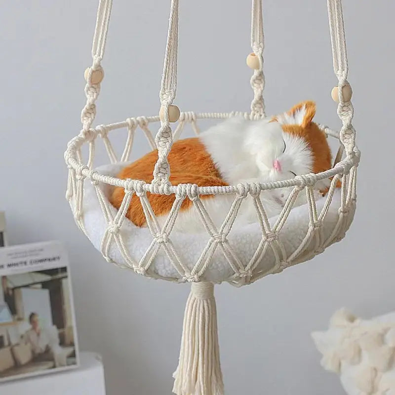 Boho Cat Hammock - Hand Woven Cotton Rope Hanging Swing Bed