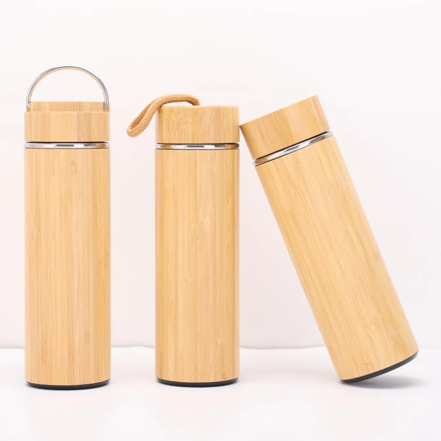 Bamboo Tea Thermos | 500ml Steel Double Wall Vacuum Flask Infuser ID