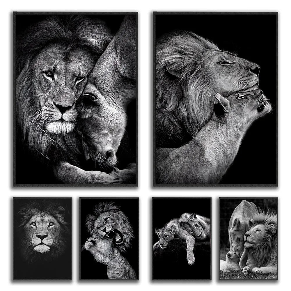 Black & White Lion Canvas Painting | Modern Animal Wall Art Mural Print