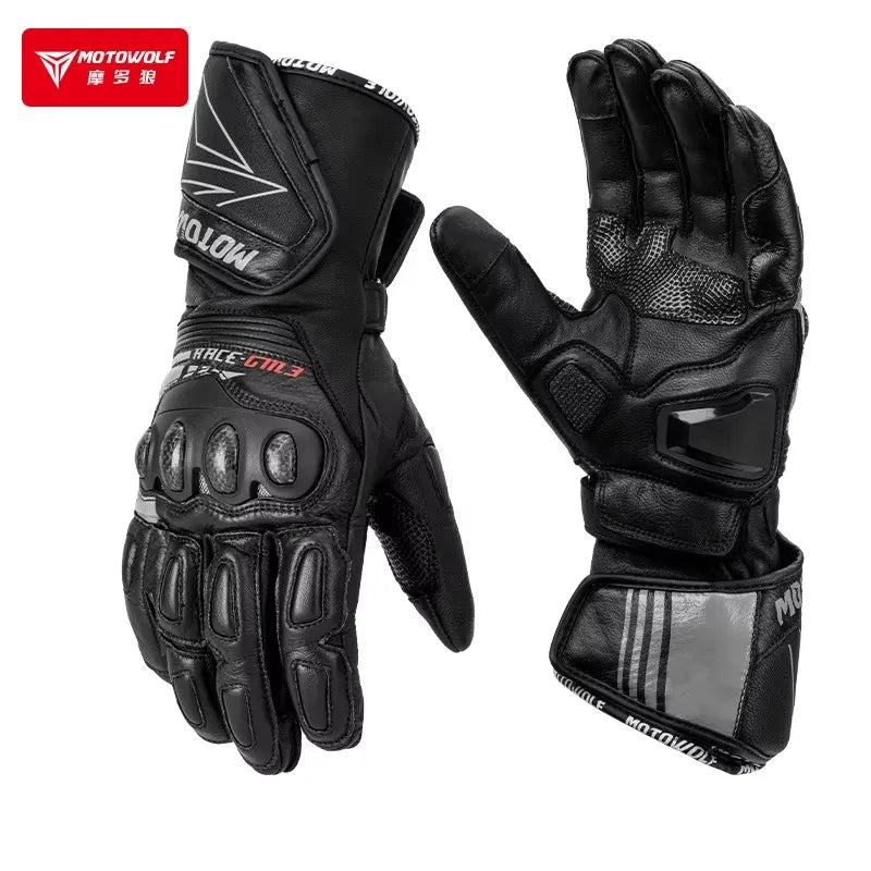 Leather Motorcycle Racing Gloves | Carbon Fiber Armor Gauntlets