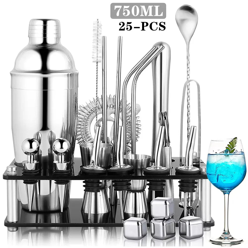 25pc Boston Cocktail Shaker Set | Professional Bartender Kit & Stand