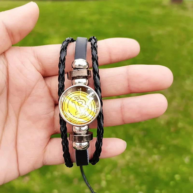 Bitcoin Leather Bracelet - Braided Multilayer Crypto Jewelry