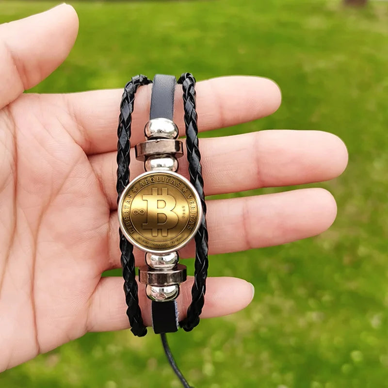Bitcoin Leather Bracelet - Braided Multilayer Crypto Jewelry