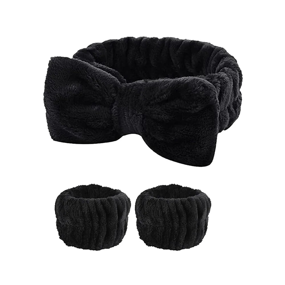 3Pcs Spa Headband & Wristband Set | Microfiber Face Wash Makeup Band