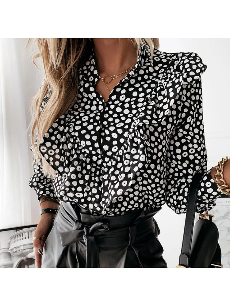 Leopard Dot Ruffle Blouse | Long Sleeve V-Neck Office Top for Women ID