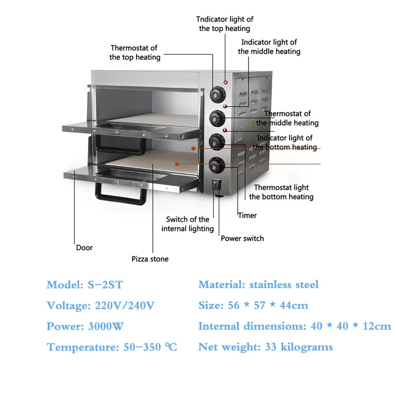 Double Layer Electric Pizza Oven - Stainless Steel 220-240V