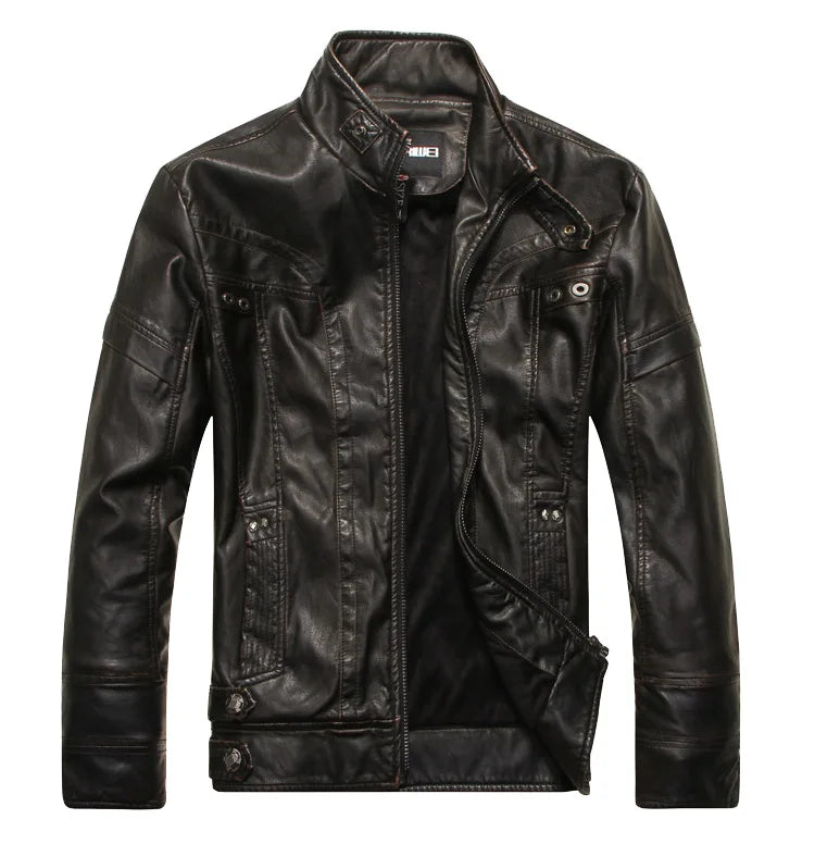 Mens Retro Leather Jacket | American Style Stand Collar Biker Blazer
