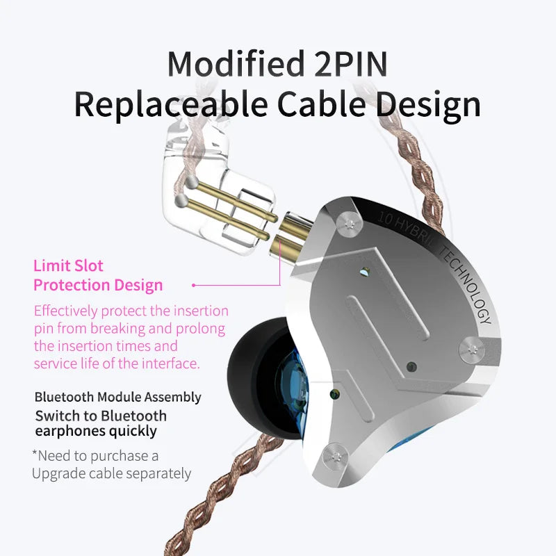 KZ ZS10 Pro 4BA+1DD Hybrid Metal Earphones | 10-Driver HIFI Bass IEM