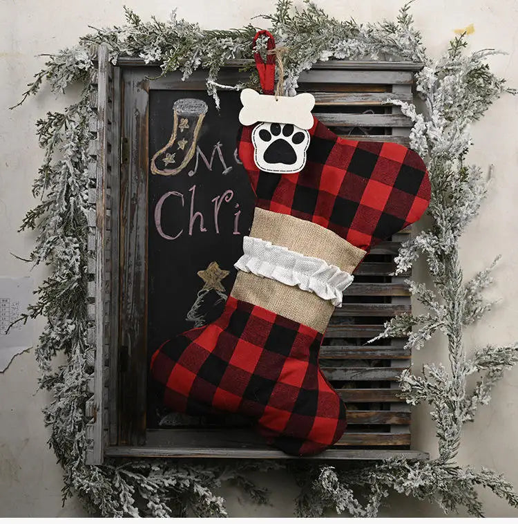 Dog Bone Christmas Stocking - Burlap Plaid Xmas Pet Stocking