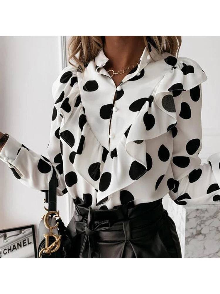 Leopard Dot Ruffle Blouse | Long Sleeve V-Neck Office Top for Women ID