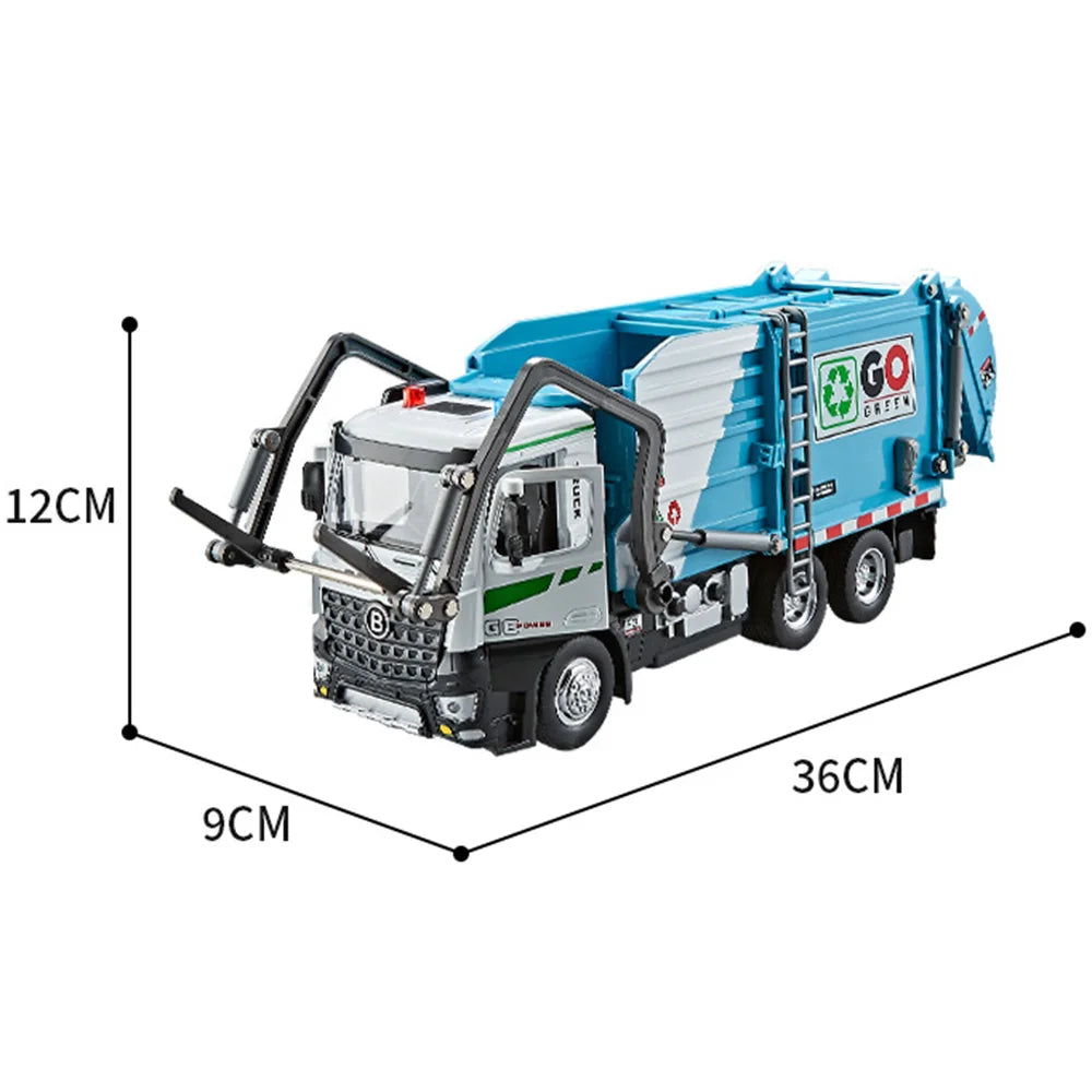 1:18 Alloy Garbage Truck Toy | Electric Sanitation Car Lights & Sound