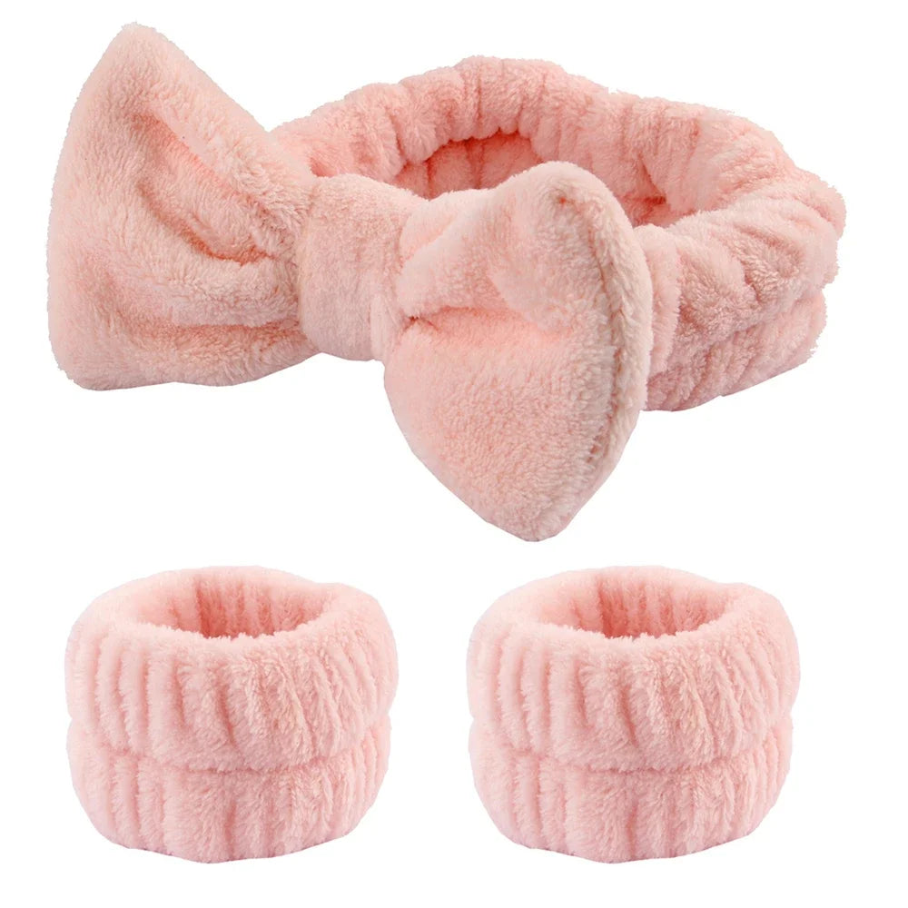 3Pcs Spa Headband & Wristband Set | Microfiber Face Wash Makeup Band