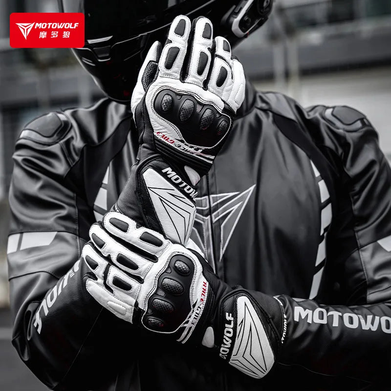 Leather Motorcycle Racing Gloves | Carbon Fiber Armor Gauntlets