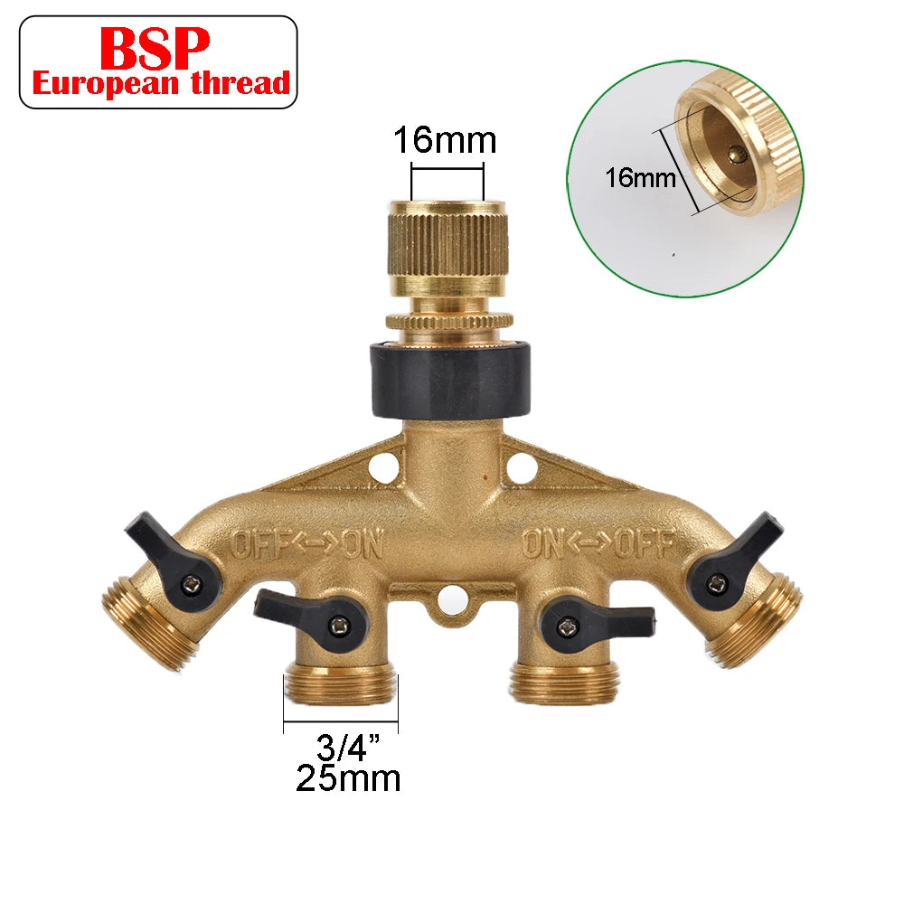 Heavy-Duty 4-Way Brass Garden Hose Splitter - 3/4" Tap Diverter