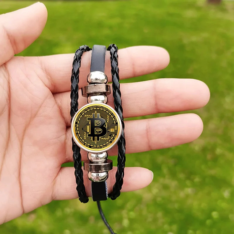 Bitcoin Leather Bracelet - Braided Multilayer Crypto Jewelry