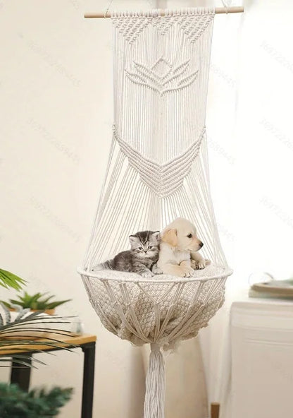 Boho Cat Hammock - Hand Woven Cotton Rope Hanging Swing Bed