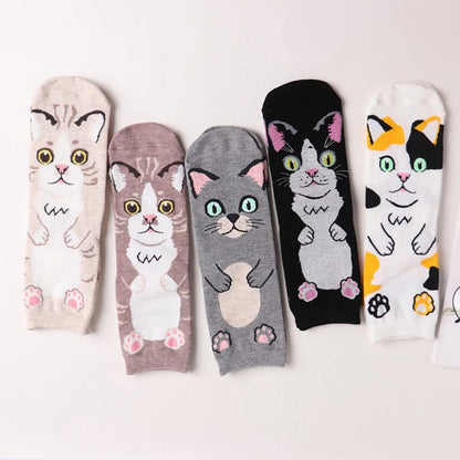 5 Pairs Women's Cat Socks - Cute Animal Cartoon Cotton Art