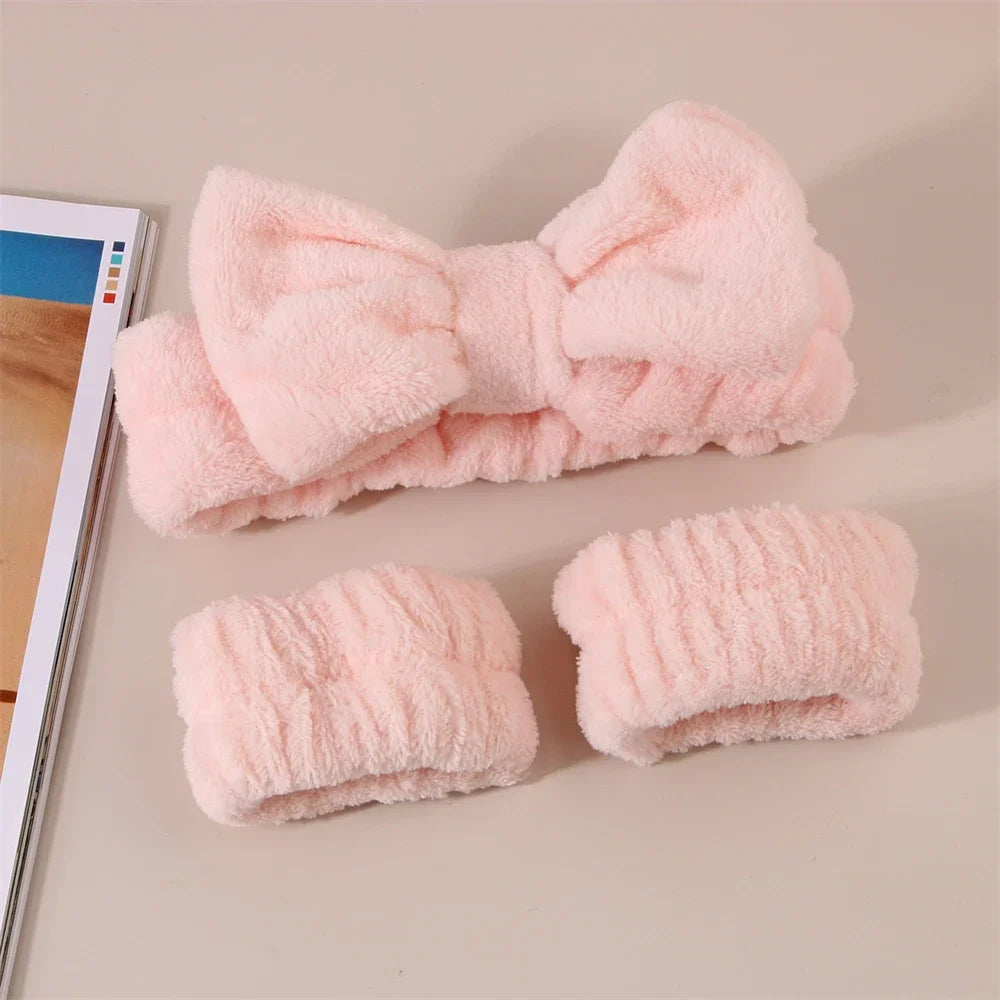 3Pcs Spa Headband & Wristband Set | Microfiber Face Wash Makeup Band