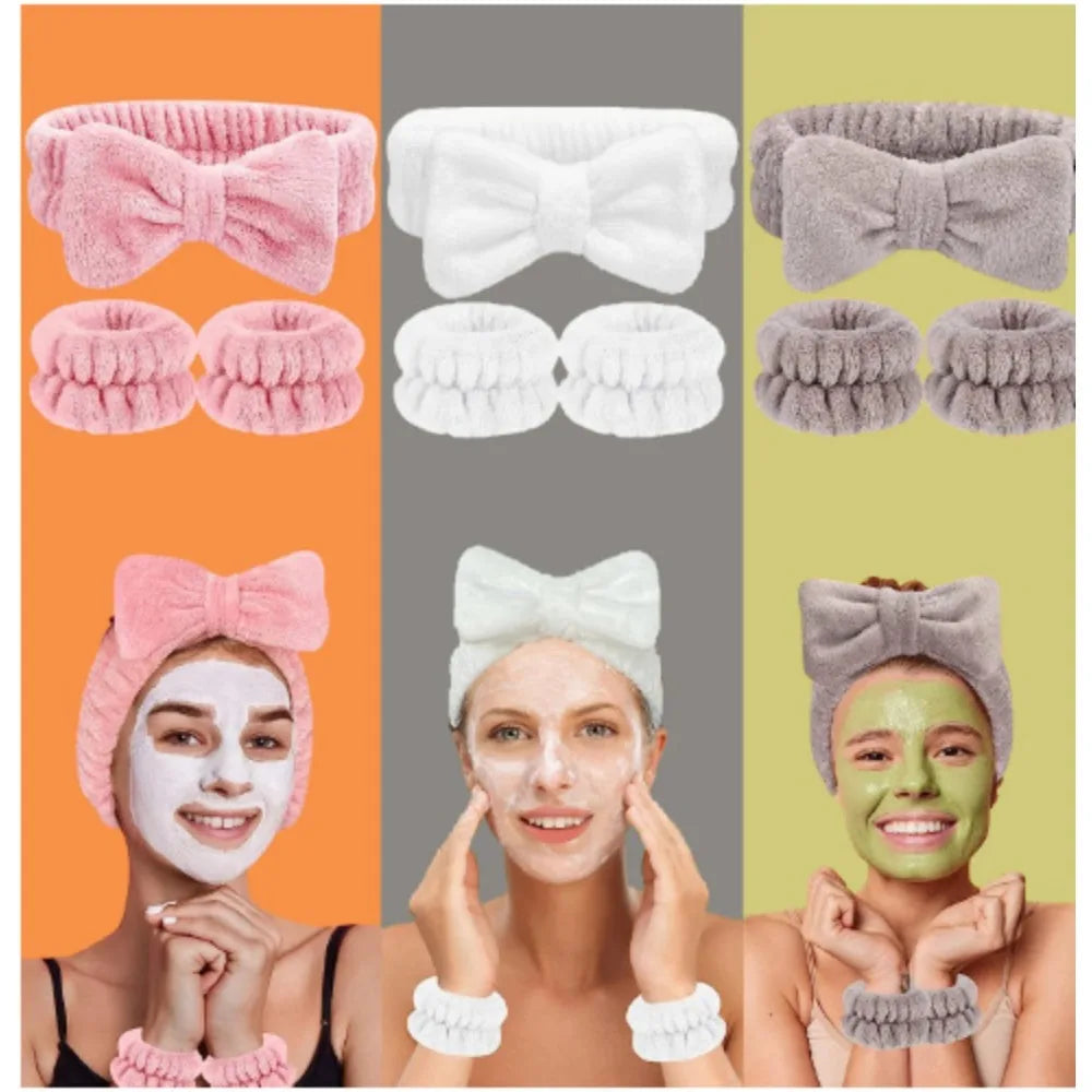 3Pcs Spa Headband & Wristband Set | Microfiber Face Wash Makeup Band