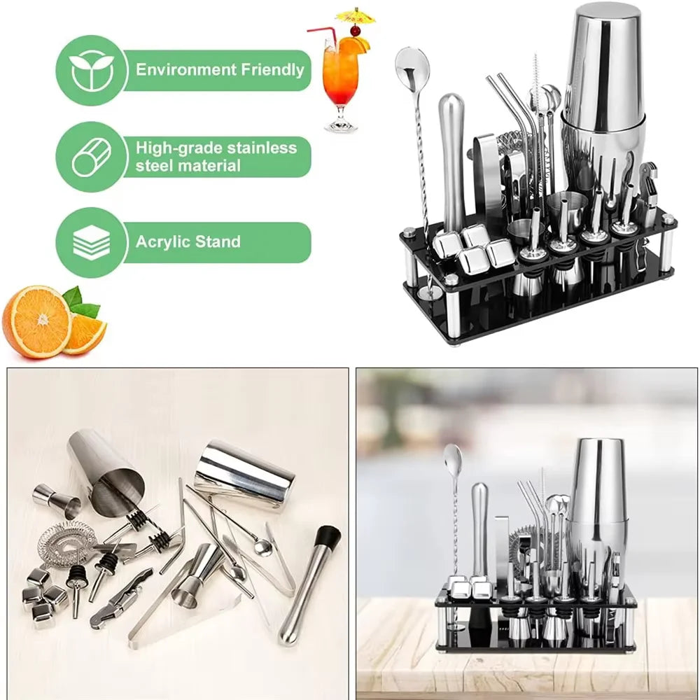25pc Boston Cocktail Shaker Set | Professional Bartender Kit & Stand