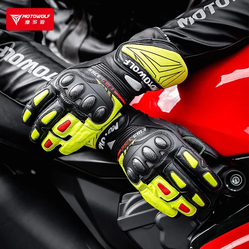 Leather Motorcycle Racing Gloves | Carbon Fiber Armor Gauntlets