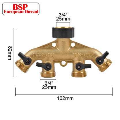 Heavy-Duty 4-Way Brass Garden Hose Splitter - 3/4" Tap Diverter