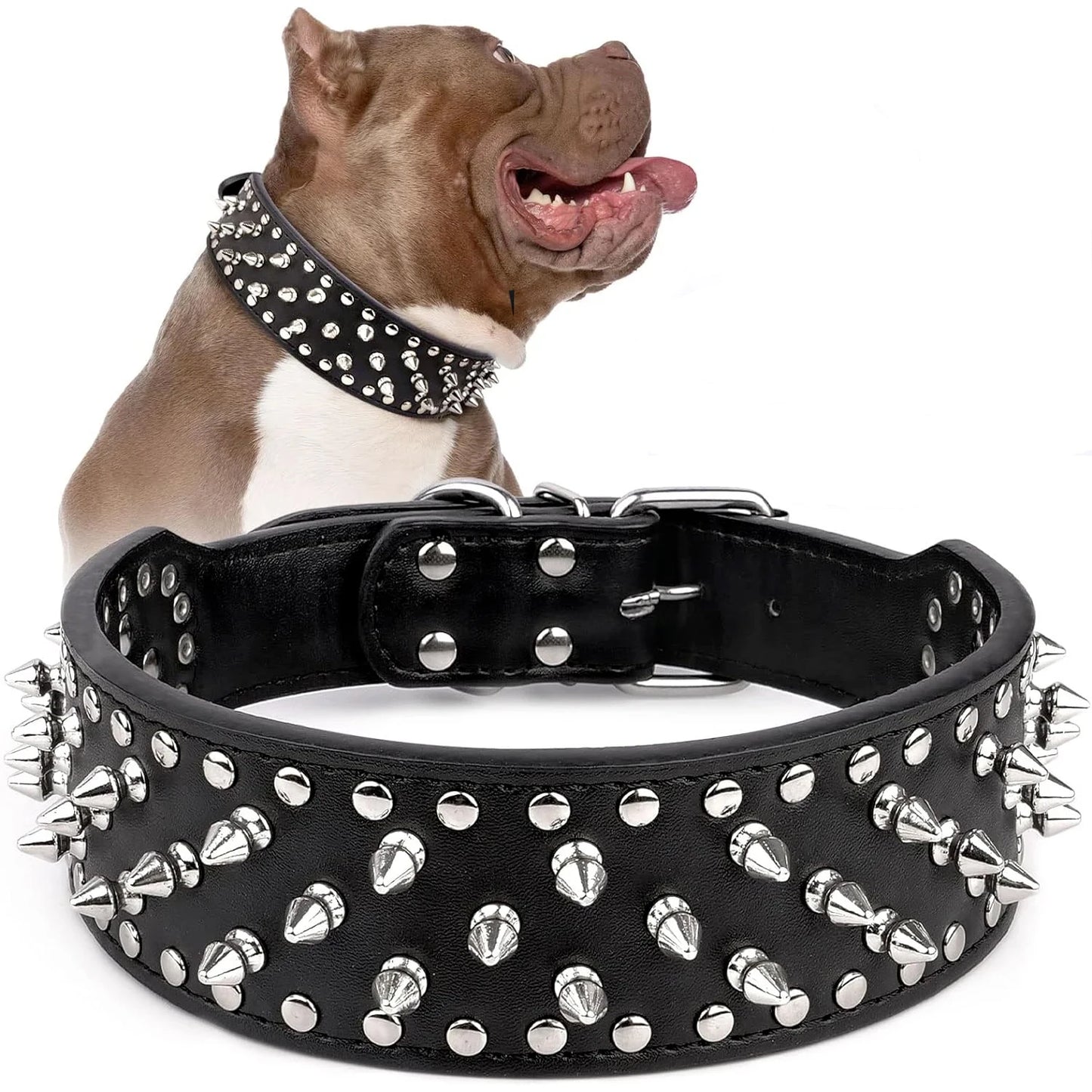 Wide Spiked Skull Dog Collar | Studded Leather Bully Collar for Large
