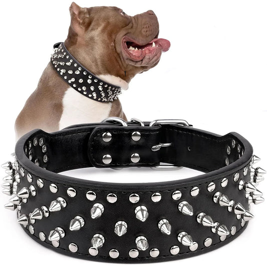 Wide Spiked Skull Dog Collar | Studded Leather Bully Collar for Large
