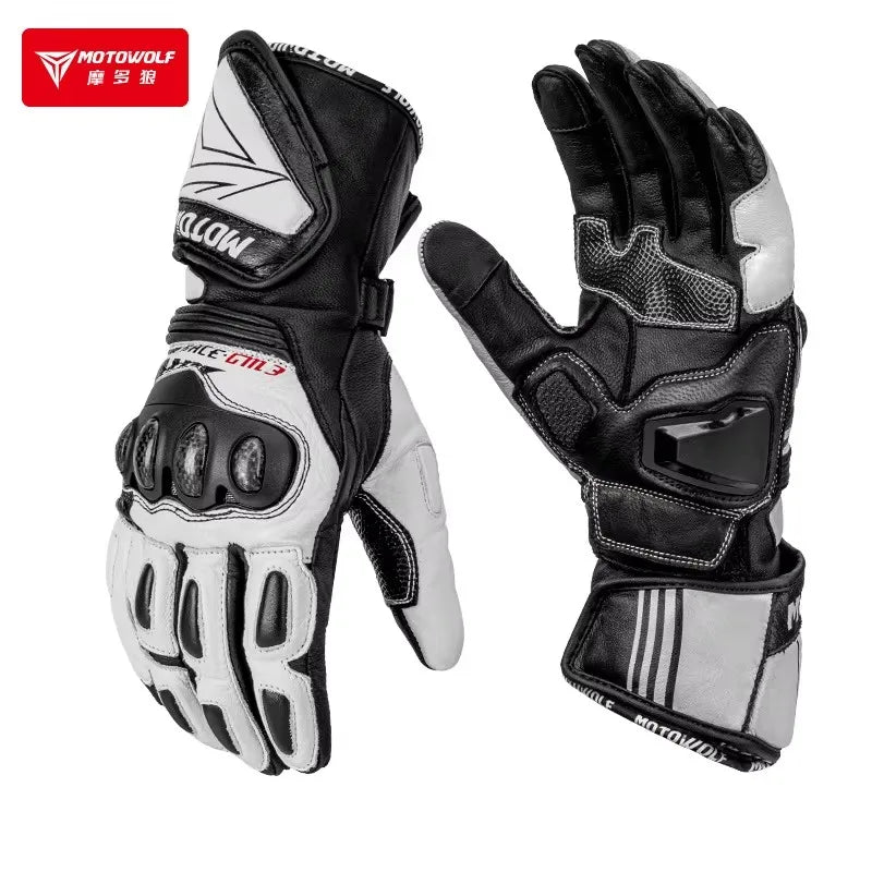 Leather Motorcycle Racing Gloves | Carbon Fiber Armor Gauntlets