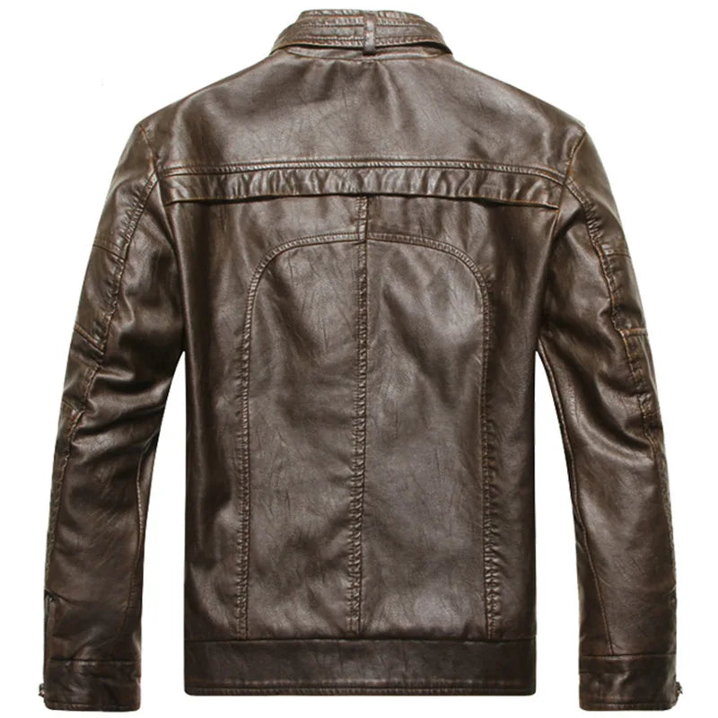 Mens Retro Leather Jacket | American Style Stand Collar Biker Blazer