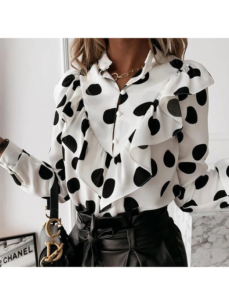 Leopard Dot Ruffle Blouse | Long Sleeve V-Neck Office Top for Women ID