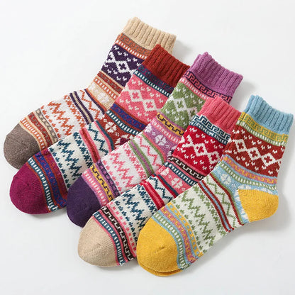 5 Pairs Women's Winter Socks | Retro Japanese Ethnic Knit Wool Blend