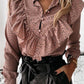 Leopard Dot Ruffle Blouse | Long Sleeve V-Neck Office Top for Women ID