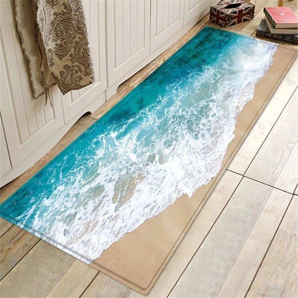 Coastal Shell & Wood Print Mat | Nautical Patchwork Area Rug