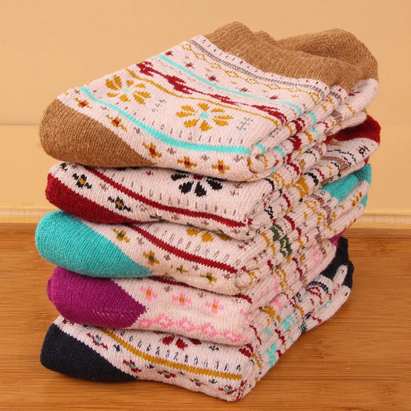 5 Pairs Women's Winter Socks | Retro Japanese Ethnic Knit Wool Blend