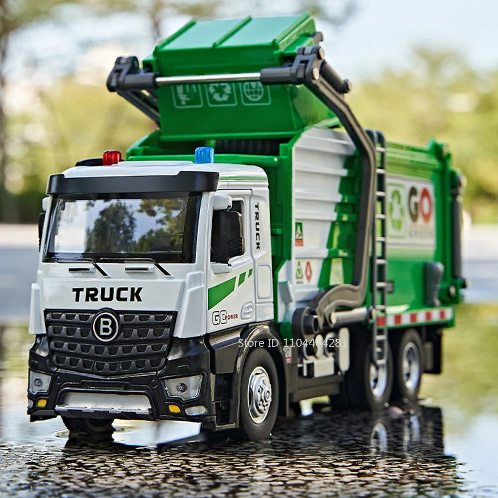 1:18 Alloy Garbage Truck Toy | Electric Sanitation Car Lights & Sound
