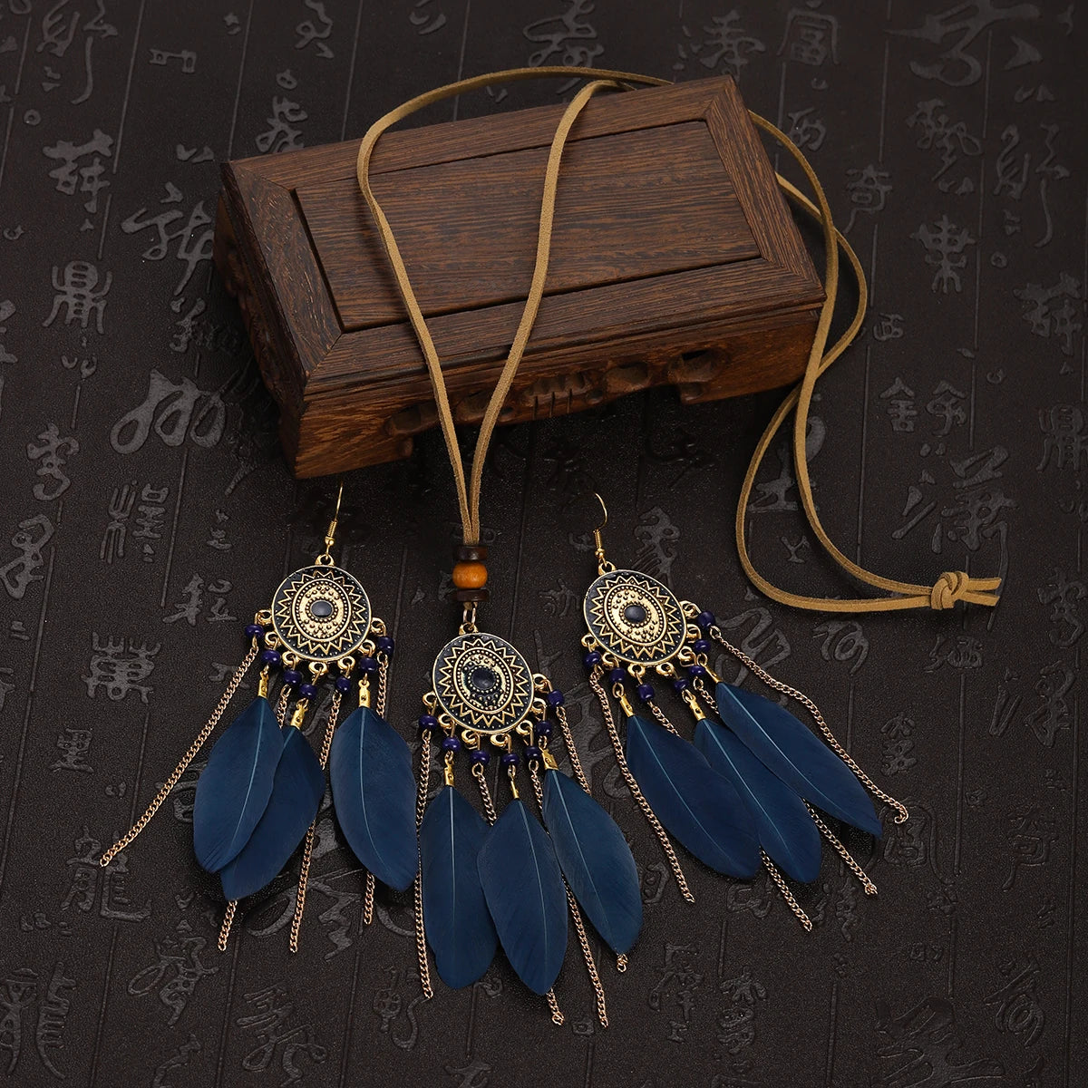 Feather Necklace Earring Set | Vintage Sun Pattern Handmade Jewellery