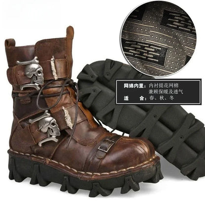 Mens Cowhide Leather Motorcycle Boots - Gothic Skull Boots
