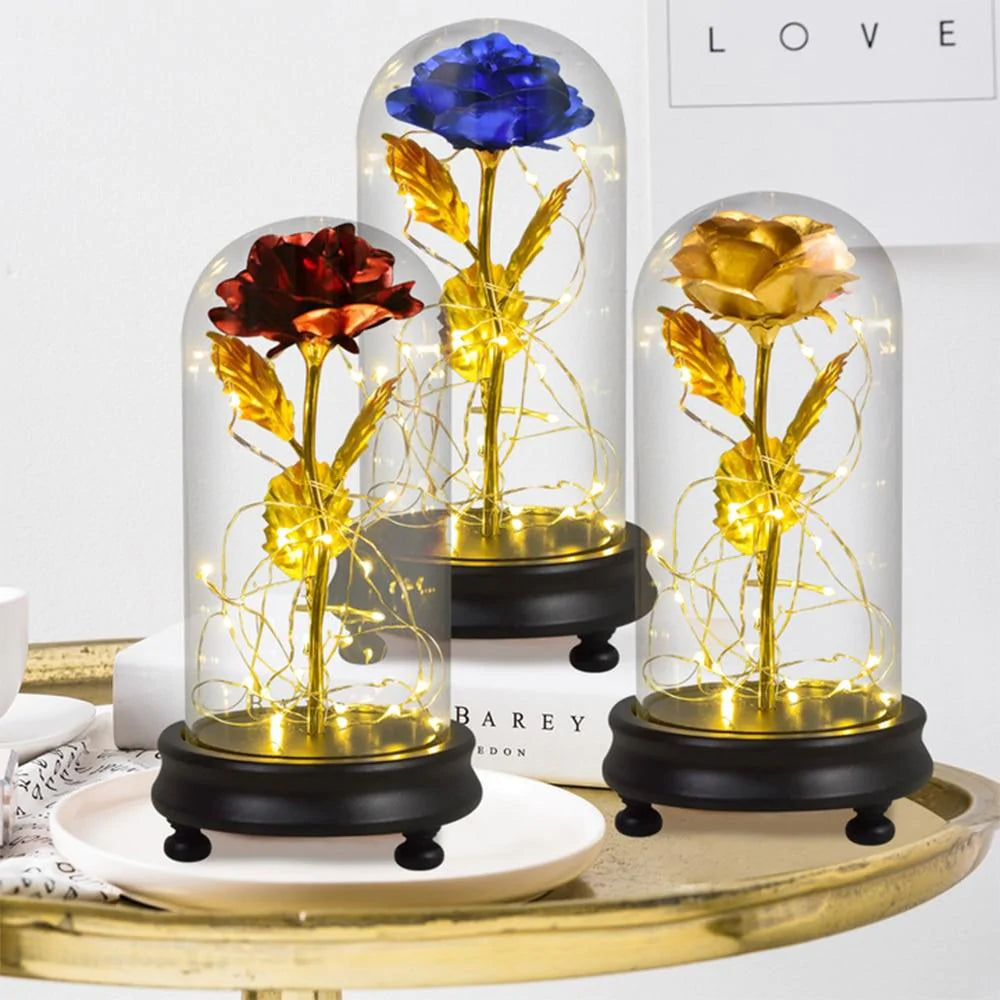 24k Gold Dipped Rose in Glass Dome with LED Lighting - 12 Styles - Buy Confidently with Smart Sales Australia