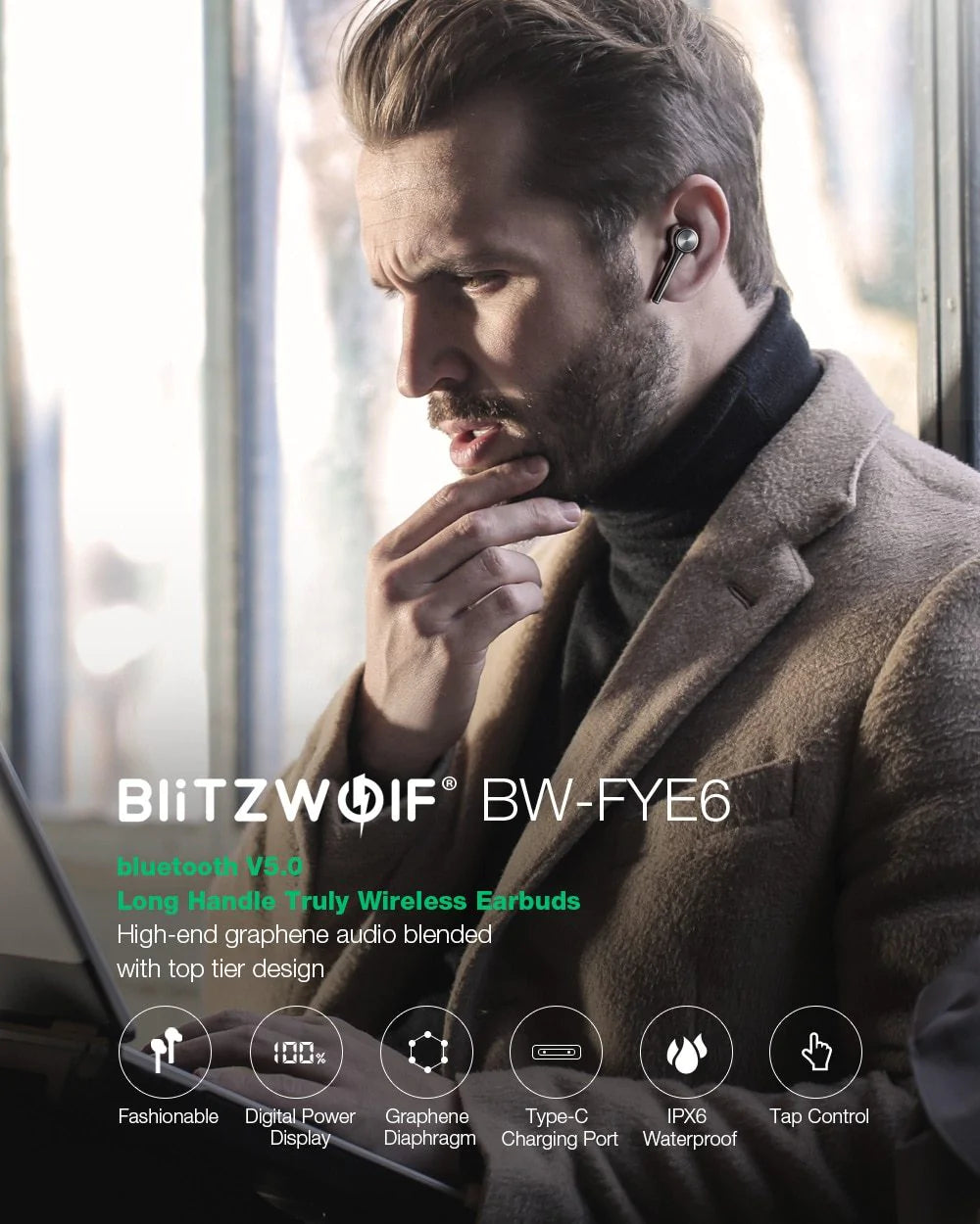 BlitzWolf FYE6 Wireless Bluetooth In-Ear Earphones w/Long Handle, LED Display, IPX6 Waterproof and Graphene Portable Charger Carry Case for Samsung, Apple, Android - Buy Confidently with Smart Sales Australia