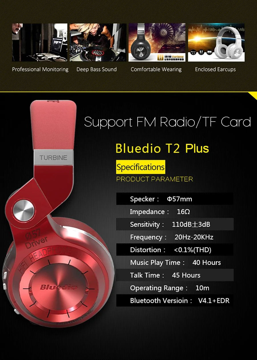 Bluedio T2+ Powerful Bass Stereo Bluetooth 5.0 Headphone Wireless Headset Support FM Radio Micro-SD Card Play With Microphone - Buy Confidently with Smart Sales Australia