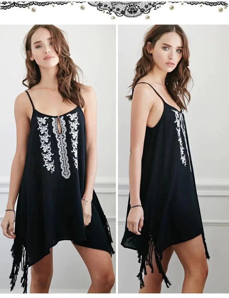 Sexy Women Fashion Linen Hollow Retro Ethnic Embroidery Pattern Irregular Asymmetrical Hem Fringed Tassel Spaghetti Strap Dress - Buy Confidently with Smart Sales Australia