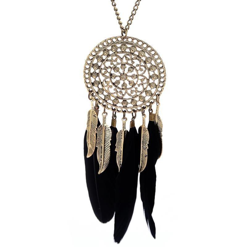 Vintage Feather Leaf Metal Hollow Dream Catcher Charm Pendant Necklace Silver Plated Rhinestone Sweater Chain Statement Necklace - Buy Confidently with Smart Sales Australia