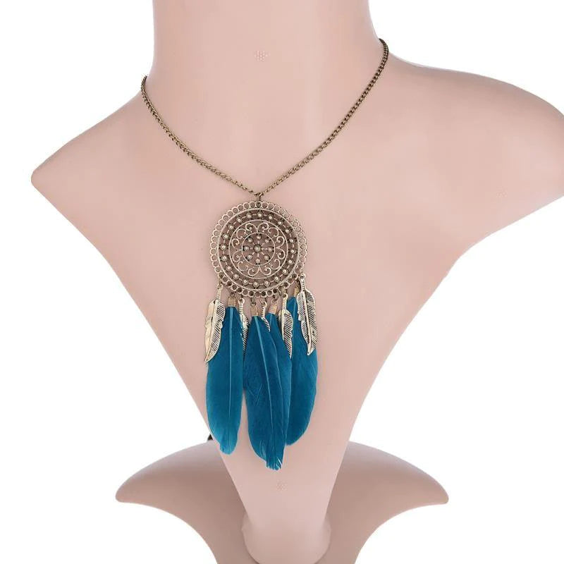 Vintage Feather Leaf Metal Hollow Dream Catcher Charm Pendant Necklace Silver Plated Rhinestone Sweater Chain Statement Necklace - Buy Confidently with Smart Sales Australia
