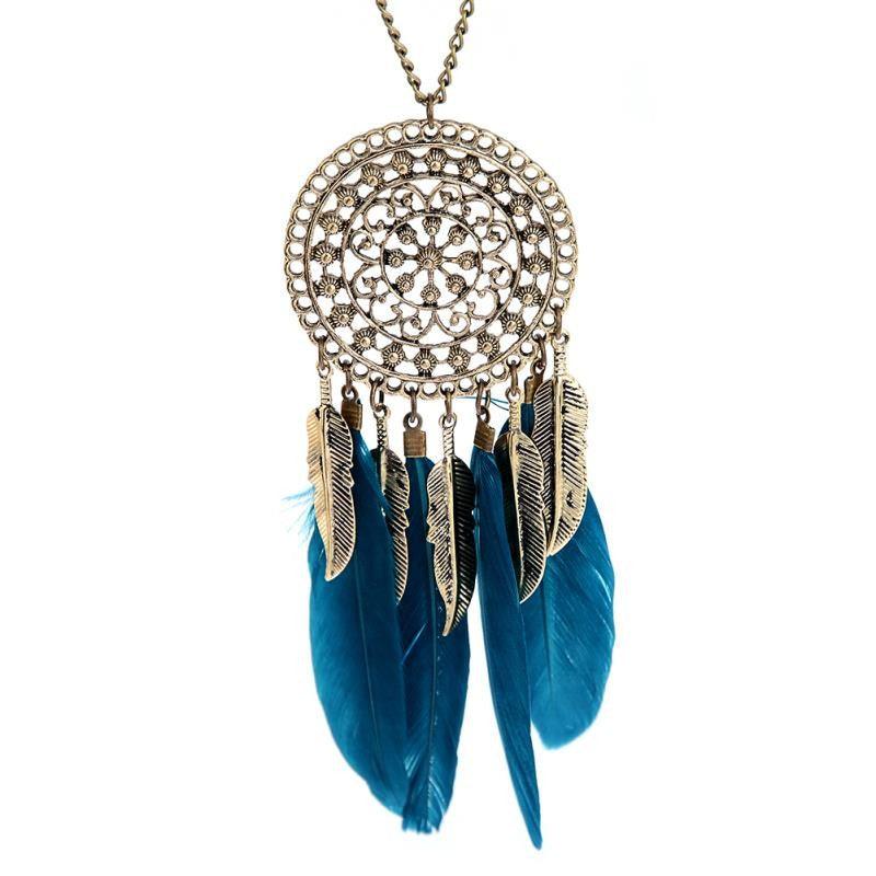 Vintage Feather Leaf Metal Hollow Dream Catcher Charm Pendant Necklace Silver Plated Rhinestone Sweater Chain Statement Necklace - Buy Confidently with Smart Sales Australia