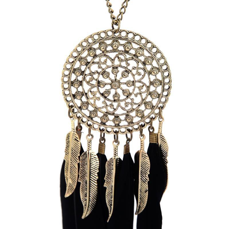 Vintage Feather Leaf Metal Hollow Dream Catcher Charm Pendant Necklace Silver Plated Rhinestone Sweater Chain Statement Necklace - Buy Confidently with Smart Sales Australia