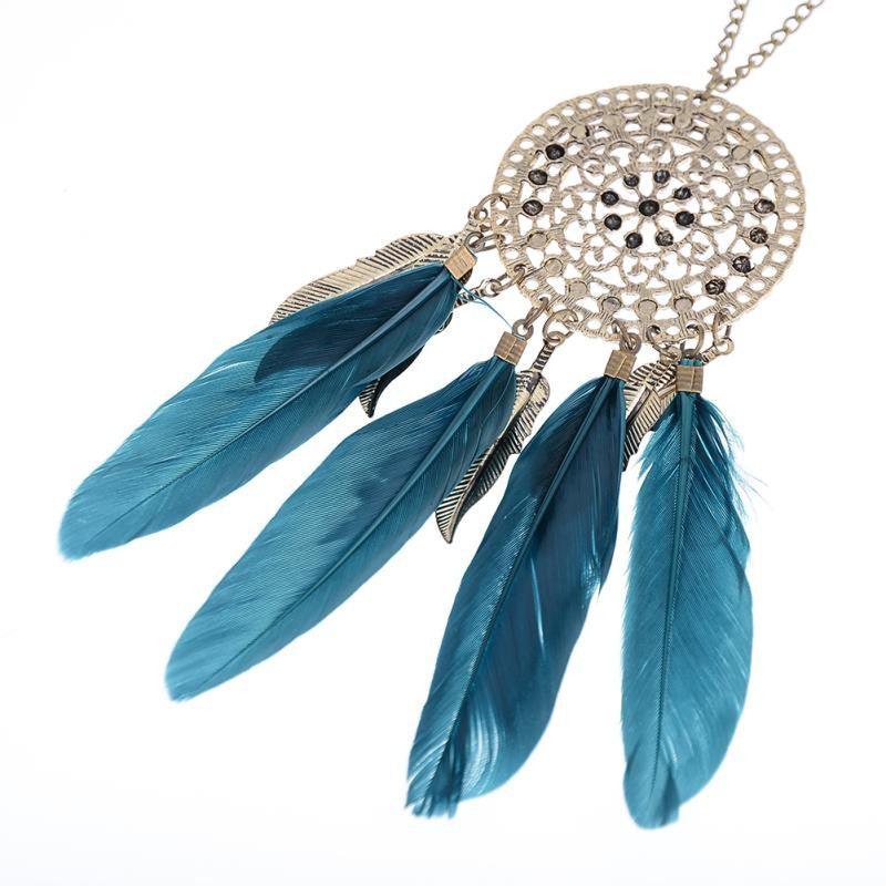 Vintage Feather Leaf Metal Hollow Dream Catcher Charm Pendant Necklace Silver Plated Rhinestone Sweater Chain Statement Necklace - Buy Confidently with Smart Sales Australia
